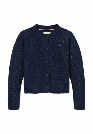 Marineblå strikket cardigan med knaplukning foran, tekstureret diamantmønster, ribbede manchetter og kant samt lille Tommy Hilfiger flaglogo på brystet.