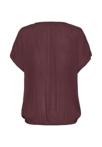 Burgunderfarbene leichte Bluse mit runder Halslinie, kurzen Ärmeln und einem gerafften Saum. Glatte Textur mit lockerer Passform.