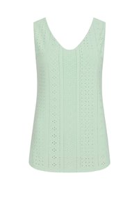 Top fără mâneci de culoare verde mentă, cu decolteu în V, având un model texturat cu ochiuri și forme de diamante pe întreaga țesătură.