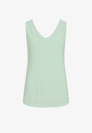 Top fără mâneci de culoare verde mentă, cu decolteu în V, având un model texturat cu ochiuri și forme de diamante pe întreaga țesătură.