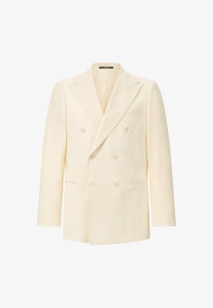 Kremowa, dwurzędowa marynarka z szpiczastymi klapami, sześcioma guzikami, dwiema przednimi kieszeniami i kieszenią na piersi, na białym tle.