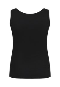 Débardeur noir avec une texture côtelée, présentant un col en forme de scoop et un design sans manches, mettant en avant un style ajusté sans coutures visibles.