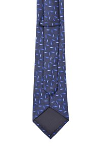 Cravatta blu con un design a fantasia che presenta piccole forme ovali. Realizzata in un tessuto morbido con una trama testurizzata. Due tonalità di blu e grigio.