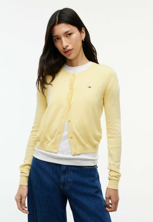Junge Frau mit langen dunklen Haaren, die eine hellgelbe, geknöpfte Strickjacke über einem weißen Hemd und blauen Jeans trägt, steht vor einem schlichten Hintergrund.