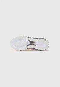 White sneaker sole featuring curved treads, a gray accent, and a translucent section. Material appears rubber with textured patterns.