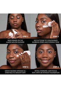 Four-step skincare process featuring a person applying primer with a Marsh Mellow Blender. Details include a pink sponge and a smooth skin texture.