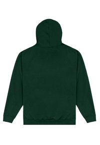 Sudadera con capucha de color verde oscuro, mangas largas, puños acanalados y cinturilla acanalada, mostrada desde atrás sobre un fondo blanco.