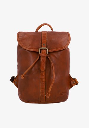 Hnědý kožený batoh s předním klopou, zapínáním na přezku, stahovací šňůrkou a rukojetí, umístěný na bílém pozadí.