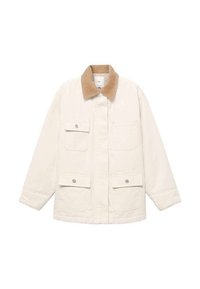 Crème-kleurige jas met een corduroy-kraag, vier voorklauwen en knoopsluitingen. Lange mouwen met een rechte snit.