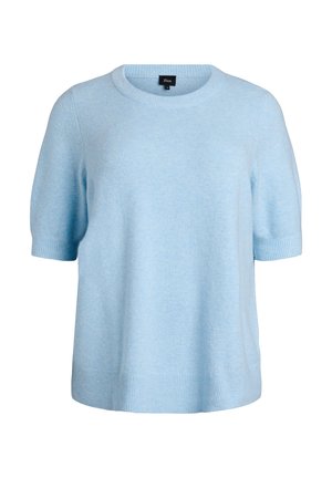 Jasnoniebieski sweter z krótkim rękawem wykonany z miękkiego materiału, z okrągłym dekoltem oraz prążkowanym wykończeniem na dole i mankietach.