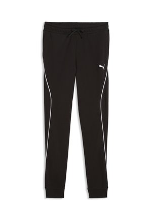 Sorte atletikbukser med hvide streger langs benene, elastisk taljebånd med snor og lille hvid Puma-logo på øverste venstre lår.