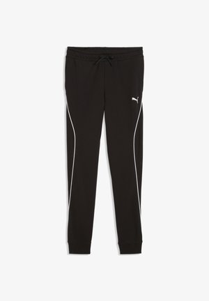 Pantalon de sport noir avec bandes blanches le long des jambes, taille élastique avec cordon de serrage, et petit logo Puma blanc sur la partie supérieure de la cuisse gauche.