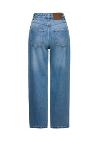 Sinised sirged denim teksad kõrge vöökohaga, kahe tagataskuga, vööloopidega ja pruunist nahast brändiparandi järjega vöökoht.