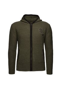 Sweat à capuche zippé en vert olive, en tissu texturé avec fermeture éclair noire et poches. Il présente un logo brodé sur la poitrine.