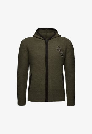Olijfgroene hooded zip-up sweater, van gestructureerde stof met een zwarte rits en zakken. Voorzien van een geborduurd logo op de borst.