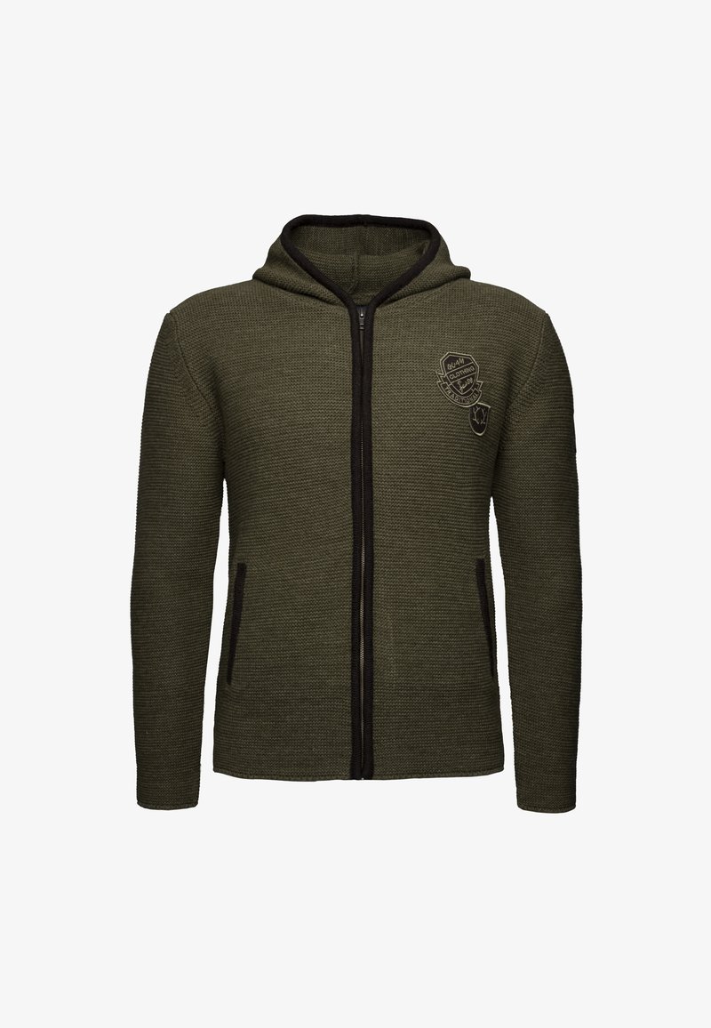 Olivegrüner Kapuzen-Reißverschluss-Pullover aus strukturiertem Material mit schwarzem Reißverschluss und Taschen. Mit gesticktem Logo auf der Brust.