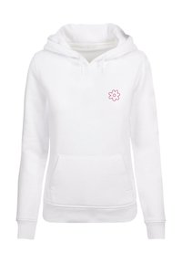 Sudadera blanca de mezcla de algodón, con un bolsillo frontal y un logo de flor rosa. Tiene capucha con cordón y puños acanalados.