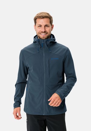 Veste imperméable bleu marine avec capuche, fermeture éclair à l'avant et poignets réglables. Comprend des accents bleus contrastés et un design élégant et épuré.
