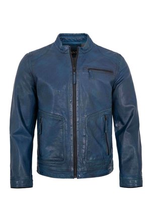 Herren blaue Lederjacke mit Frontreißverschluss, drei Reißverschlusstaschen und Stehkragen.