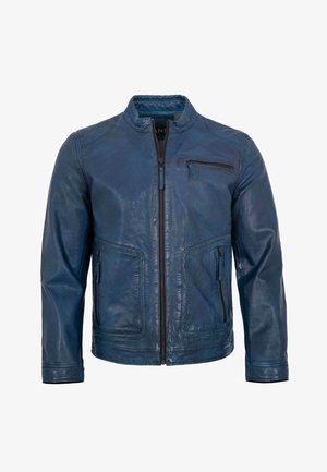 Herren blaue Lederjacke mit Frontreißverschluss, drei Reißverschlusstaschen und Stehkragen.