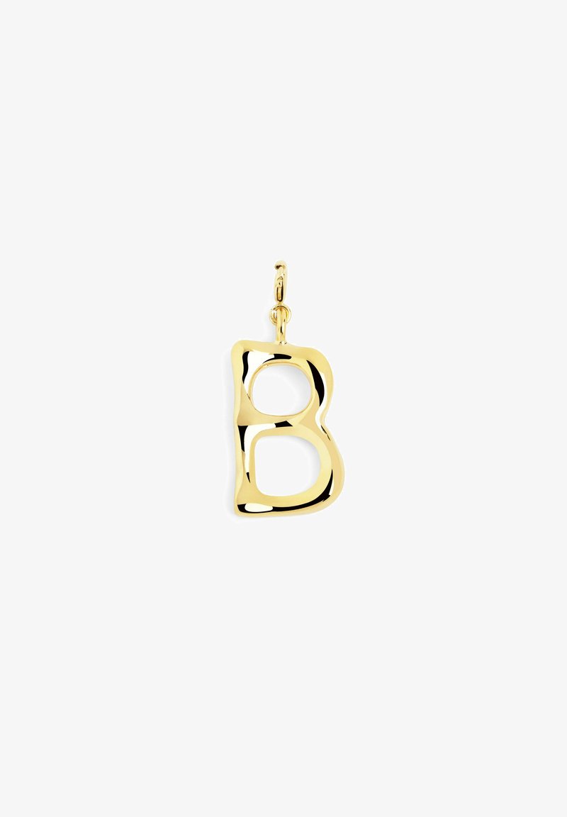 Boucle d'oreille en métal doré en forme de lettre "B", présentant une finition polie avec des bords arrondis et une boucle suspendue.