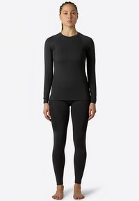 Black long-sleeve athletic top and matching leggings, made of stretchy, lightweight fabric with a fitted design and seamless detailing.