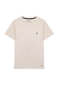 Camiseta de algodón de manga corta beige, que cuenta con un logotipo de árbol azul bordado en el lado izquierdo del pecho y una etiqueta de la marca en el dobladillo inferior.