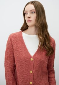 Cardigan a maglia color rosa con scollo a V, caratterizzato da un motivo a rombi, maniche lunghe e bottoni dorati. Indossato sopra una maglietta bianca.