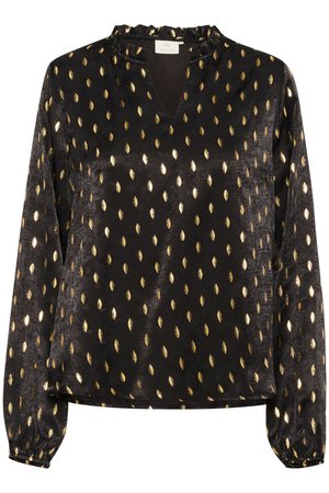 Black blouse with a V-neck and gathered neckline, featuring a textured fabric adorned with small gold leaf patterns and long sleeves.