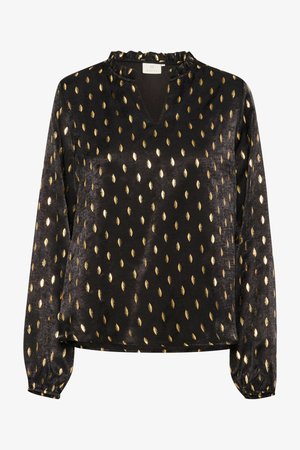 Mustaslõikega bluus, millel on V-kaelus ja kogutud kaelus, tekstureeritud kangast, millel on väikesed kuldlehe mustrid ning pikad varrukad.