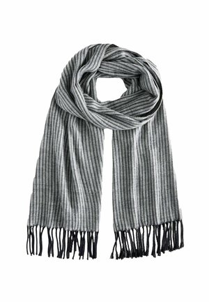 Gray and black striped scarf made of soft fabric, featuring fringe edges and a herringbone pattern, creating a textured appearance.