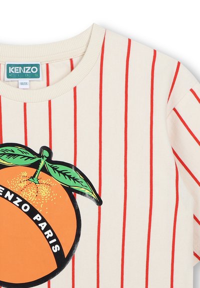 Felpa color crema con strisce verticali rosse, decorata con una grande grafica arancione e il testo nero "KENZO PARIS" al centro.