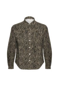 Button-up shirt in a beige and black zebra stripe pattern, with a structured collar, long sleeves, and prominent front buttons.