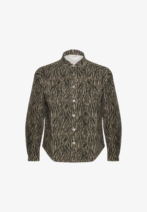 Hemd mit Knopfverschluss in einem beige-schwarzen Zebra-Streifenmuster, mit strukturiertem Kragen, langen Ärmeln und auffälligen Vorderknöpfen.