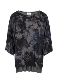 Weit geschnittenes dunkelgraues und schwarzes Oberteil mit abstrakten Blumenmustern und Ellbogen-langen Ärmeln.