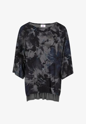 Maglietta ampia grigio scuro e nera con motivi floreali astratti e maniche a gomito.