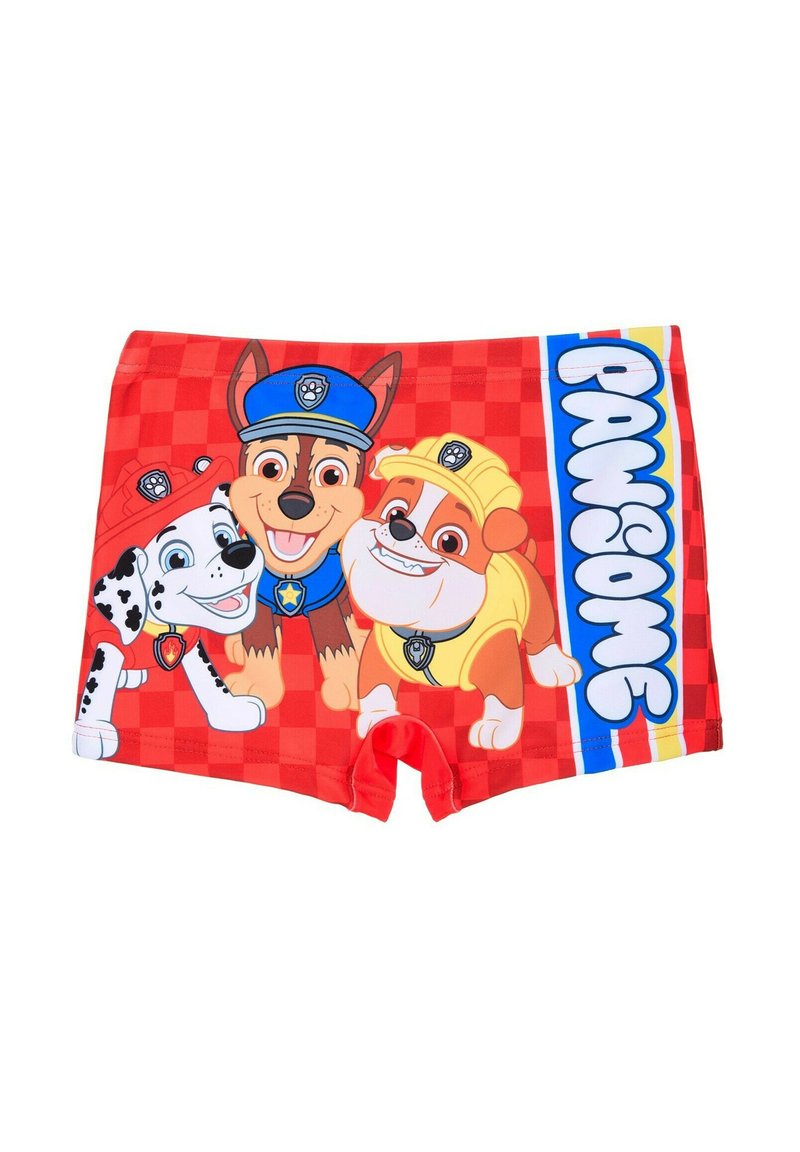 Boys' swim shorts made of red fabric featuring cartoon dogs: a spotted dog, a brown dog in a blue cap, and an orange dog with a yellow cap.
