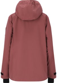 Wasserdichte kastanienbraune Jacke mit Kapuze, elastischen Bündchen und einer glatten Textur sowie einem schlichten Rückendesign. Keine sichtbaren Beschläge oder Muster.