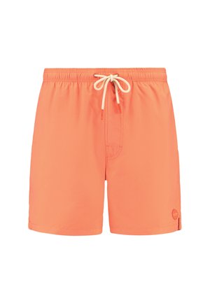 Kratke kupaćice u svijetloj koraljnoj boji, napravljene od laganog materijala. Imaju elastični pojas s bijelom vezicom i malu oznaku s logotipom.