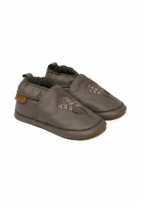 Scarpine in pelle per bambini di colore grigio scuro con fiori ricamati in rosa, aperture elastiche e suole in morbida pelle scamosciata per il massimo comfort.