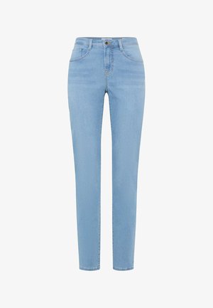 Jasnoniebieskie, elastyczne dżinsy z wysokim stanem, z kieszeniami z przodu i z tyłu, szlufkami na pasek oraz zapięciem na guzik i zamek błyskawiczny.