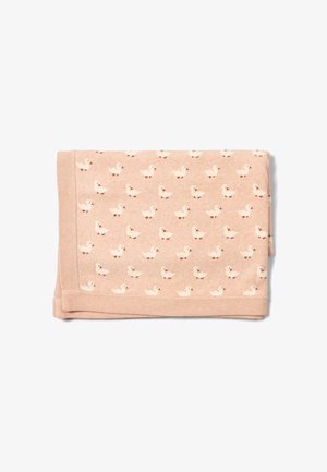 Soft, peach-colored blanket with a repeating pattern of small white ducks. Edges have a smooth texture and a contrasting beige border.