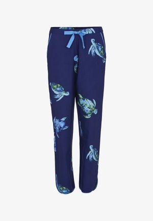 Navy blue lounge pants with light blue drawstring, featuring green and blue sea turtle print and side pockets.