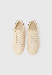 Pár bézs Coach tornacipő fűzővel és barna díszítéssel a saroknál, felülről nézve, fehér háttéren.