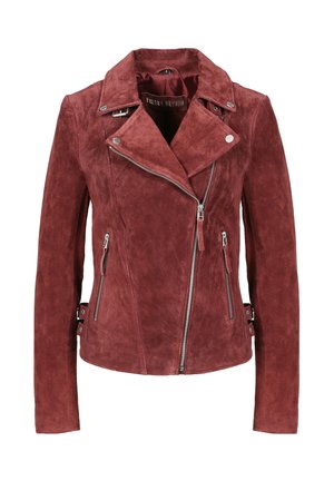 Veste biker en daim bordeaux avec fermeture éclair avant asymétrique, large col, poches zippées et sangles à boucle latérales.