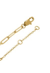 Złoty metalowy łańcuch z wydłużonymi ogniwami i zapięciem, o teksturowanym wykończeniu oraz z okrągłymi akcentami na krótszym odcinku.