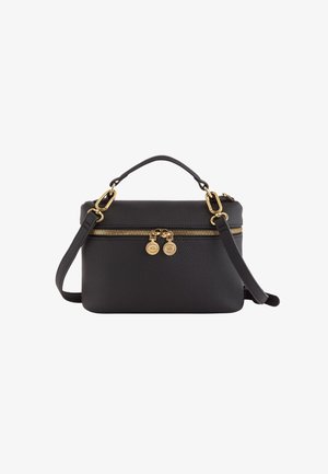 Schwarze Handtasche aus Leder mit strukturierter Form, goldenen Reißverschlussbeschlägen, abnehmbarem Schultergurt und einem oberen Griff für vielseitiges Tragen.