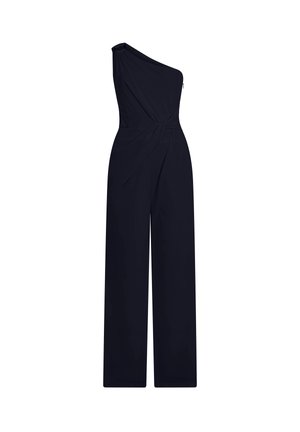 Marineblauwe jumpsuit met één schouder, brede pijpen en een nauwsluitende taille, voorzien van een ritssluiting aan de zijkant.