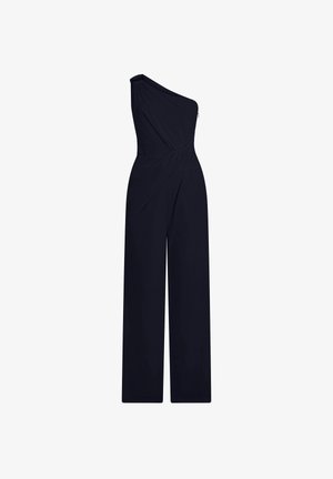 Marineblauwe jumpsuit met één schouder, brede pijpen en een nauwsluitende taille, voorzien van een ritssluiting aan de zijkant.