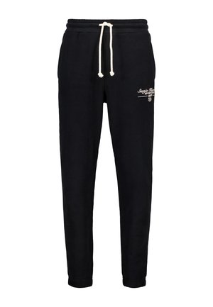Zwarte katoenen sweatpants met een elastische tailleband, trekkoord en zijzakken. Voorzien van witte bedrukte tekst op de linker bovenbeen.